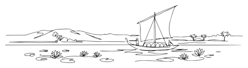 ancient sailboat on nile river monoline scene