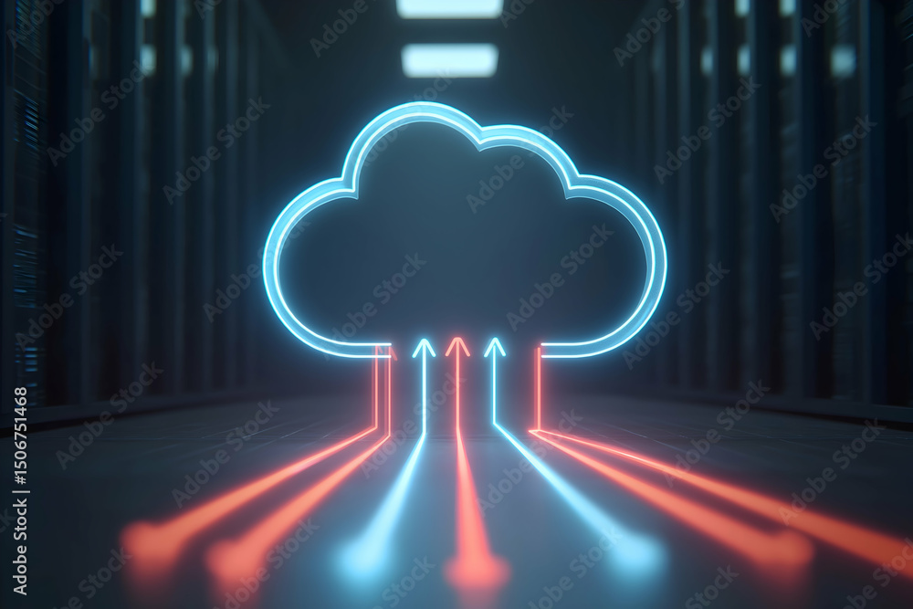 Poster a glowing cloud icon with arrows symbolizes data transfer in a modern server room, representing clou