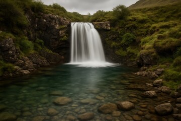 Fototapeta premium Mountain waterfall flowing into rocky pool surrounded by green hills and vegetation under cloudy sky in natural landscape