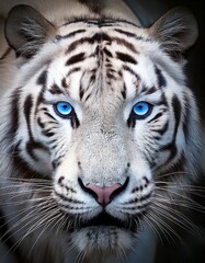 Fototapeta premium Nahaufnahme Porträt des Gesichts eines knurrenden weißen Tigers mit blauen Augen.