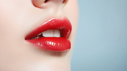 Naklejka premium Close up of glossy red lips with smooth texture, showcasing beauty and elegance. soft lighting enhances vibrant color