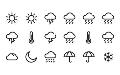 set of sun, rain, cloud, moon, temperature and umbrella icons vector illustration