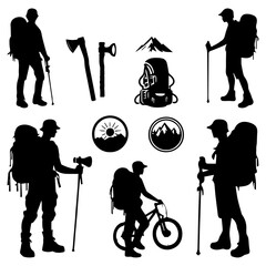 Big set of mountaineer climber hiker people, vector silhouette collection