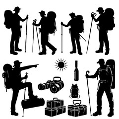Big set of mountaineer climber hiker people, vector silhouette collection