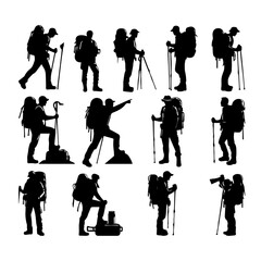 Big set of mountaineer climber hiker people, vector silhouette collection