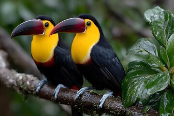 Obraz premium Two Keel-billed Toucans Perched on a Mossy Branch