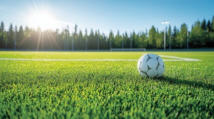 This image depicts a well maintained sports field with a lush deep green grass surface  The field is surrounded by a clear bright sky and a forested background