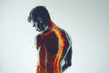 A man with a skeleton on his back stands against a white background