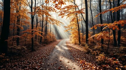 Obraz premium Winding Autumn Path with Sunlit Golden Leaves - AI Generated