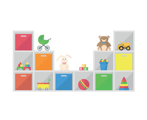 Icon of shelves with toys and boxes on a white background. Toys for kindergarten.