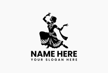 Detailed black and white vector silhouette of Bharatanatyam dancer in traditional costume for cultural branding