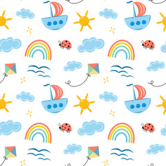 Summer seamless pattern with ship, rainbow, lady bug, kit and clouds.