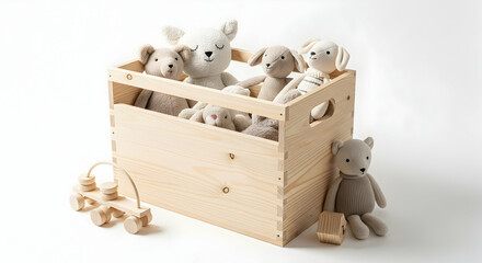 Wooden Crate Overflowing with Plush Animal Toys A Delightful Scene