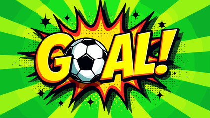 Energetic comic book style illustration of a soccer ball entering the net with a bright green radial background and bold “GOAL!!” lettering