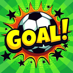 Fototapeta premium Comic-style green background illustration of a soccer ball with “GOAL!!” text surrounded by clouds and pop explosion elements