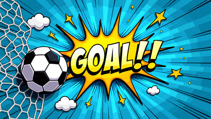 Colorful pop-art style illustration showing a soccer ball hitting the net with a vibrant "GOAL!!" text explosion on a blue comic background.