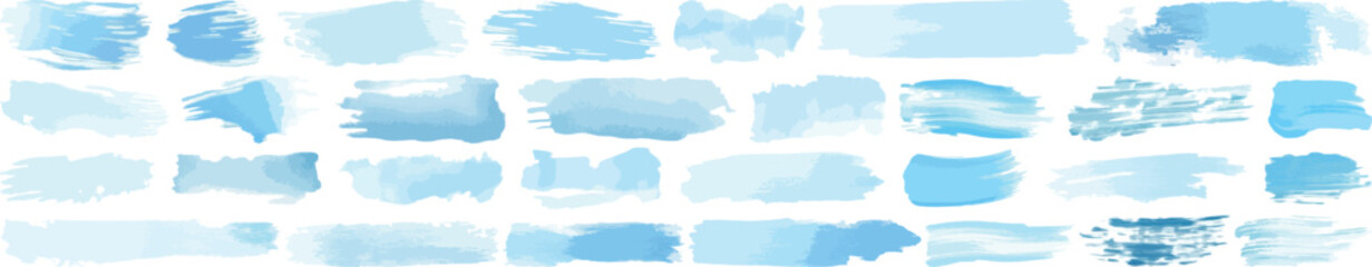 Blue Brush Strokes Vector Set, Isolated on White Background.