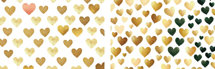 Hearts Pattern Vector. Gold and Green Hearts on White Background.