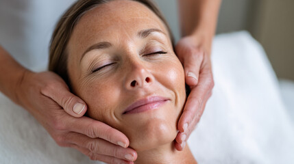 Naklejka na ściany i meble Beautiful woman in spa salon getting face massage treatment. Girl facial treatment. Skin care. Body care. 