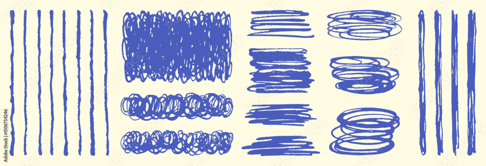 Poster hand drawn grunge ink pen graphic design elements set. brush strokes stripes lines scribbles squiggl
