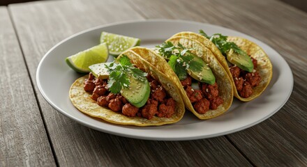 Deliciously Crafted Tacos with Spicy Chorizo, Avocado Slices, Fresh Cilantro, and Lime Wedges Served on a Rustic Wooden Table