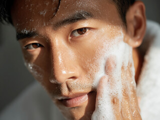 Fototapeta premium Korean man doing a foam cleanse as part of anti-aging skincare routine.