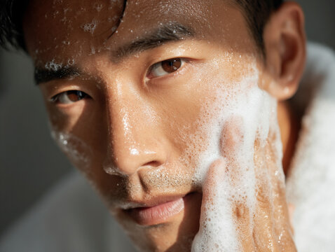 Korean man doing a foam cleanse as part of anti-aging skincare routine. - Powered by Adobe