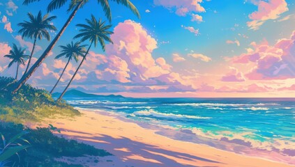 Obraz premium Serene Tropical Beach at Sunset with Vibrant Sky and Palm Trees