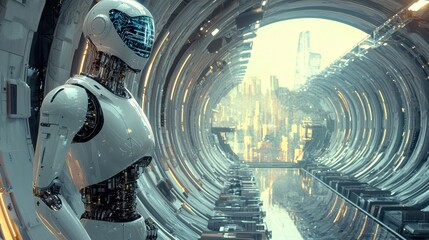 Futuristic Robot in Sci-Fi Corridor of a High-Tech Cityscape