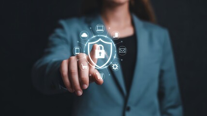 Business person activating data security protection with a digital shield and padlock icon
