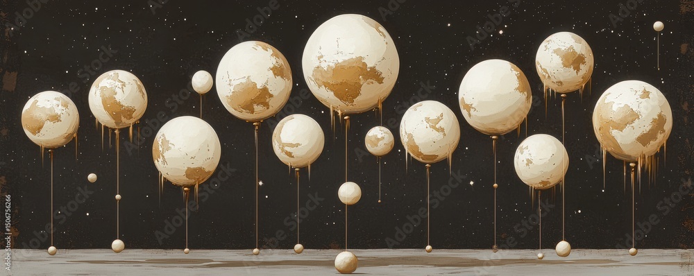 Poster abstract representation of planets floating in the dark universe