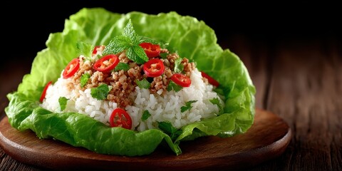 A fresh rice dish topped with minced meat, chili, and herbs, served on a large lettuce leaf.