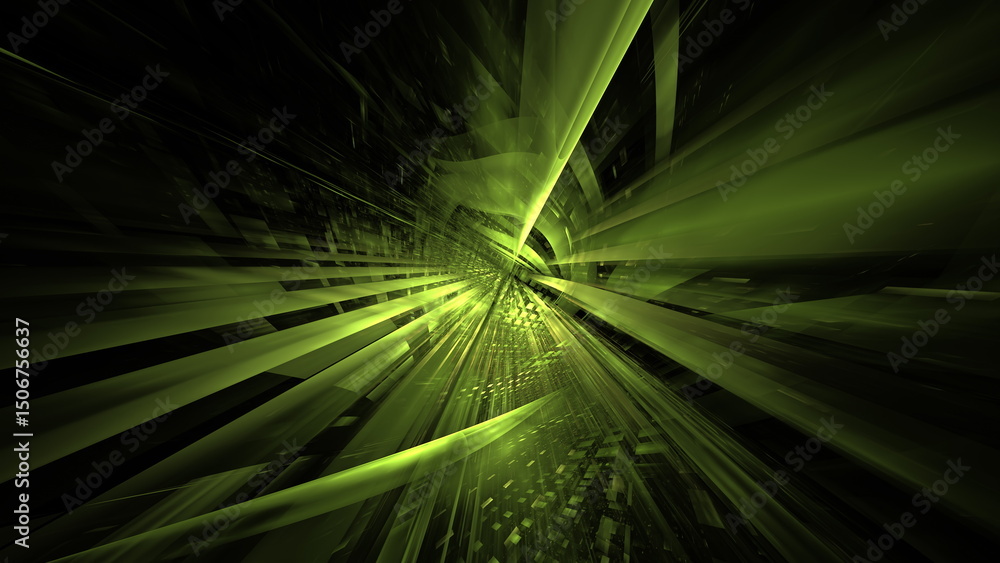 Fototapete abstract representation of dynamic green light beams converging towards a center point, creating a sense of depth and movement in a digital space, evoking feelings of energy and innovation. 3d render