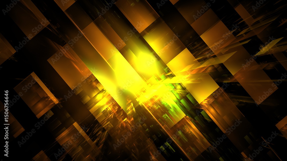 Poster vibrant design features interlocking geometric shapes illuminated in bright yellow and green light. 