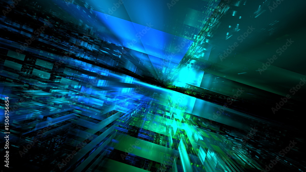 Poster Dynamic lines and glowing shapes create a vivid abstract representation of digital technology, showcasing data flow through a futuristic environment with bright colors and depth. 3d render