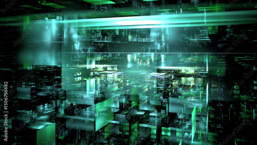 Fototapete complex geometric shapes and vibrant green lights create an immersive digital environment that feels