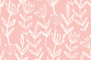 Seamless floral pattern, hand drawn flower print with sketch wild plants. Delicate botanical design in two colors, silhouettes of simple flowers, large leaves on pink field. Vector illustration.