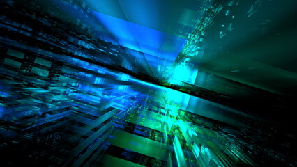Dynamic lines and glowing shapes create a vivid abstract representation of digital technology, showcasing data flow through a futuristic environment with bright colors and depth. 3d render