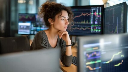 Young adult woman contemplates stock market data on computer screens in modern office, analyzing financial charts, thoughtful expression. - Powered by Adobe
