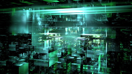 Complex geometric shapes and vibrant green lights create an immersive digital environment that feels futuristic and high-tech, evoking a sense of depth and movement. 3d render