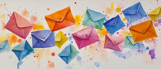 Watercolor Illustration Of Assorted Colorful Envelopes With White Background And Splatter Accents