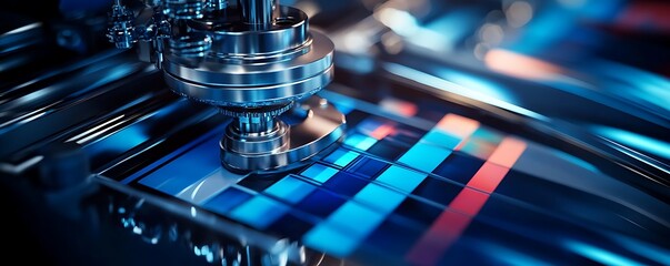 Intricate Metal Machinery Over Patterned Circuit Board Emitting Bright Blue Hues with Red Accent Lights Illustrating Technology