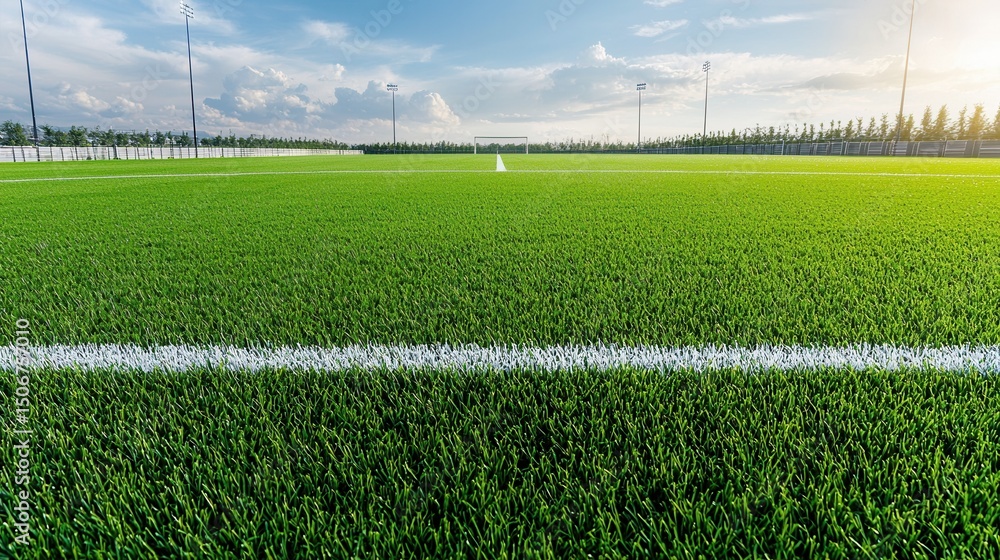 Poster a close up view of a vibrant green turf playing field with clearly marked white boundary lines showc
