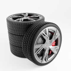 Close-up view of high-performance car tires stacked in an orderly manner, highlighting the...