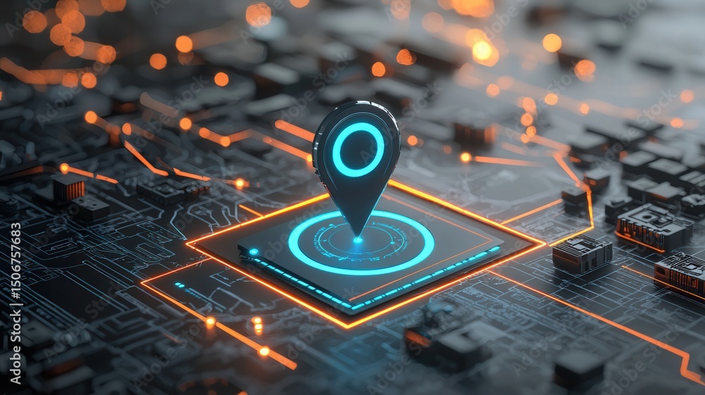 Poster this digital artwork showcases a futuristic visualization of a location pinpoint with radiating line