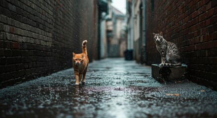 Two cats walking through a rainy alleyway, with wet pavement reflecting the overcast sky and buildings in the background - 2 cats photos