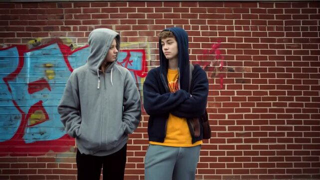 Two teenage friends in hoodies standing against a brick wall with street art, urban setting and youth culture.