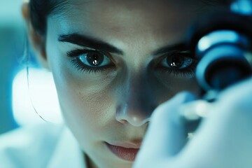 Laboratory setting, female scientist using a microscope, white lab coat