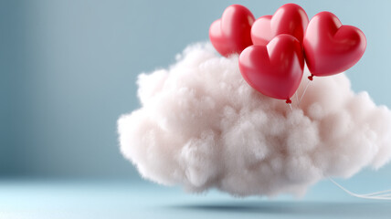 Fluffy cloud with heart balloons in a blue sky.