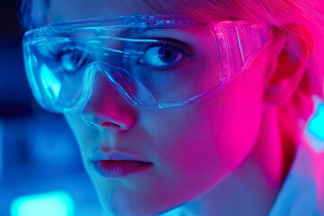 laboratory setting, scientist at work, blue tones, safety goggles, white lab coat